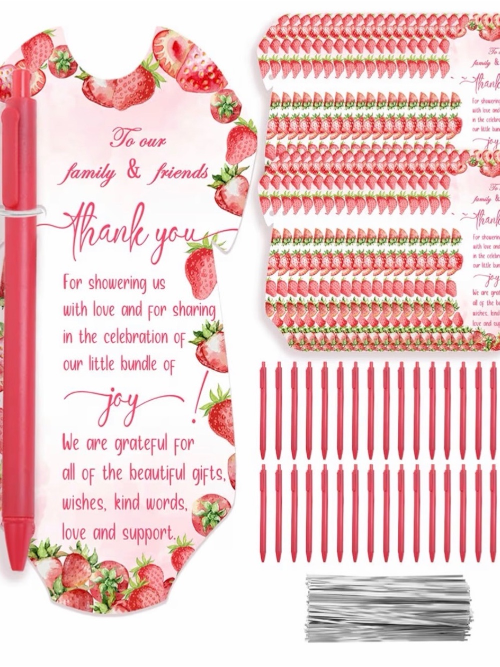 Strawberry Pink Baby Shower Thank You Pen and Card Set